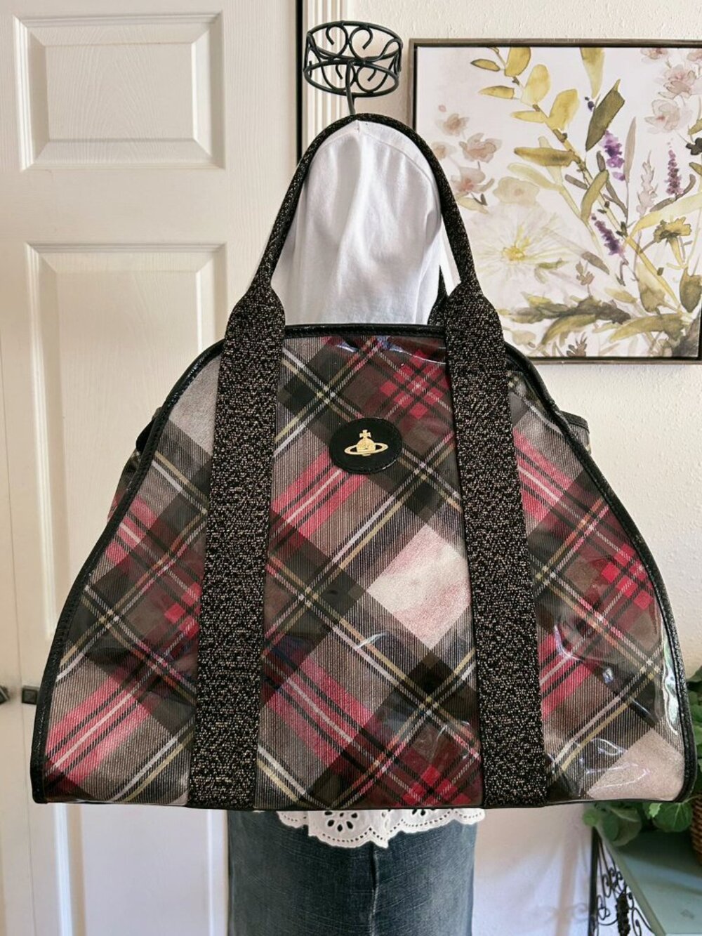 Vivienne Westwood Orb Coated Canvas Clear Check Patent Leather Trim Tote Bag